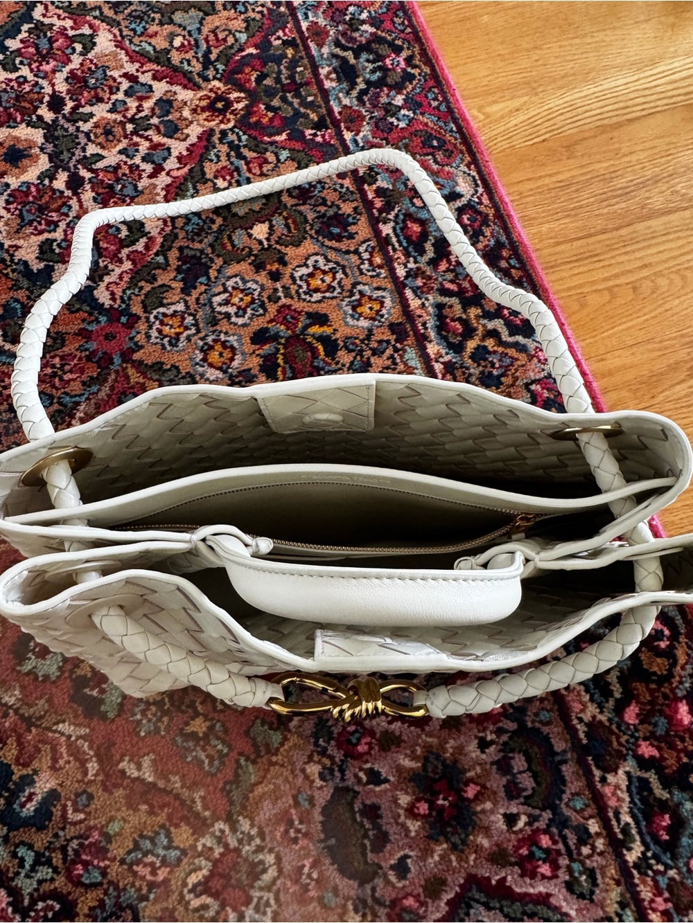 Woven Leather Top-Handle Tote in Cream with Gold Accent - Picture 7 of 9